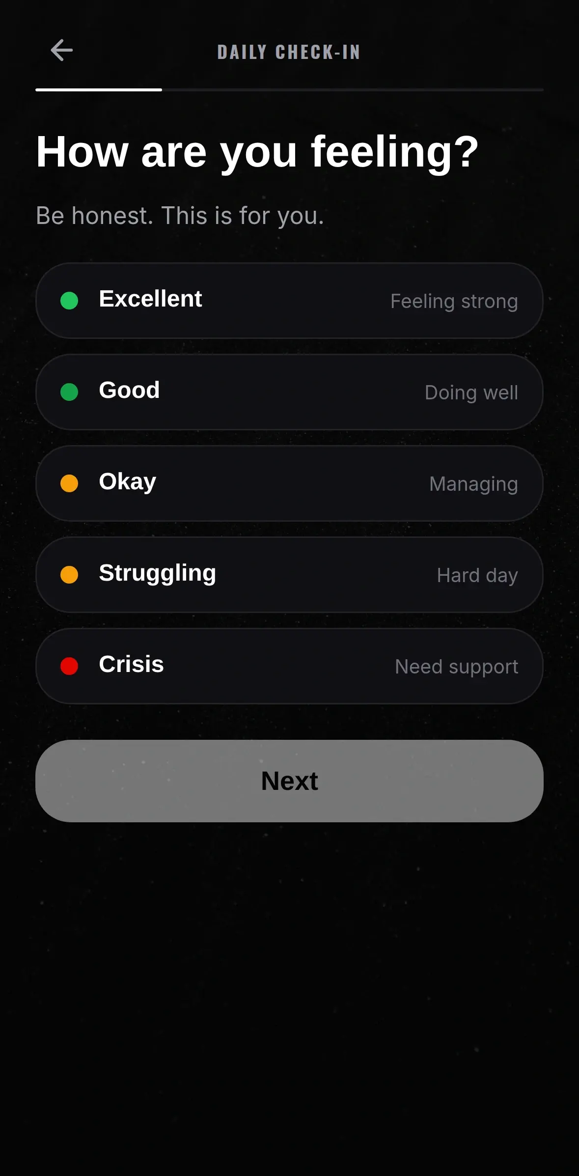 SEVER daily check-in asking how you are feeling today