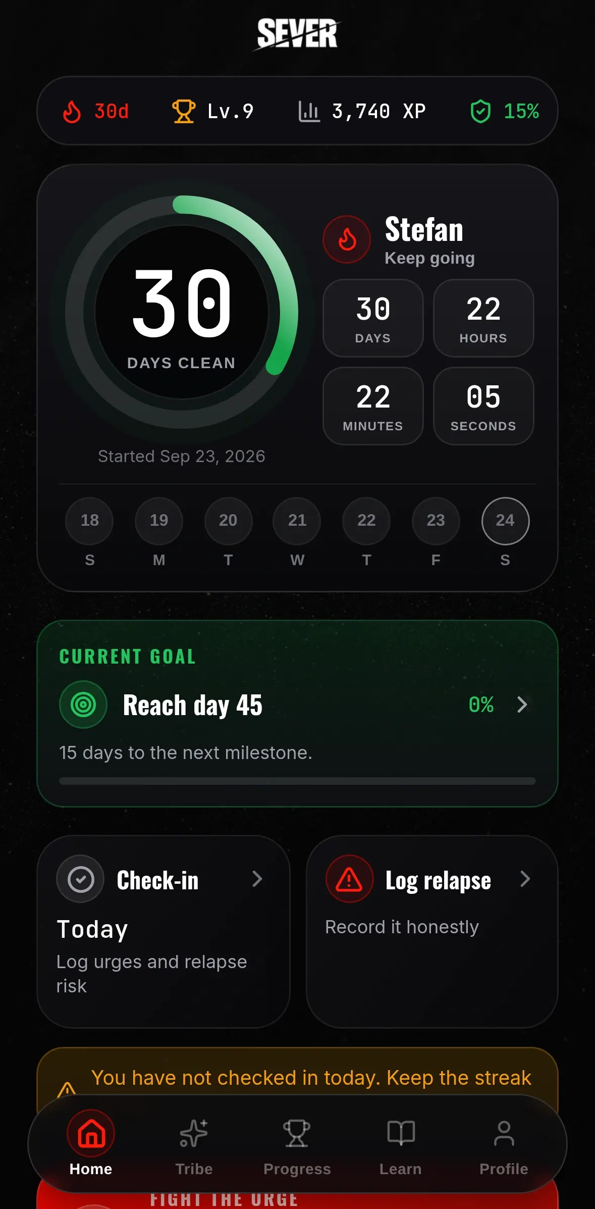 SEVER app home screen with a 30 day clean streak