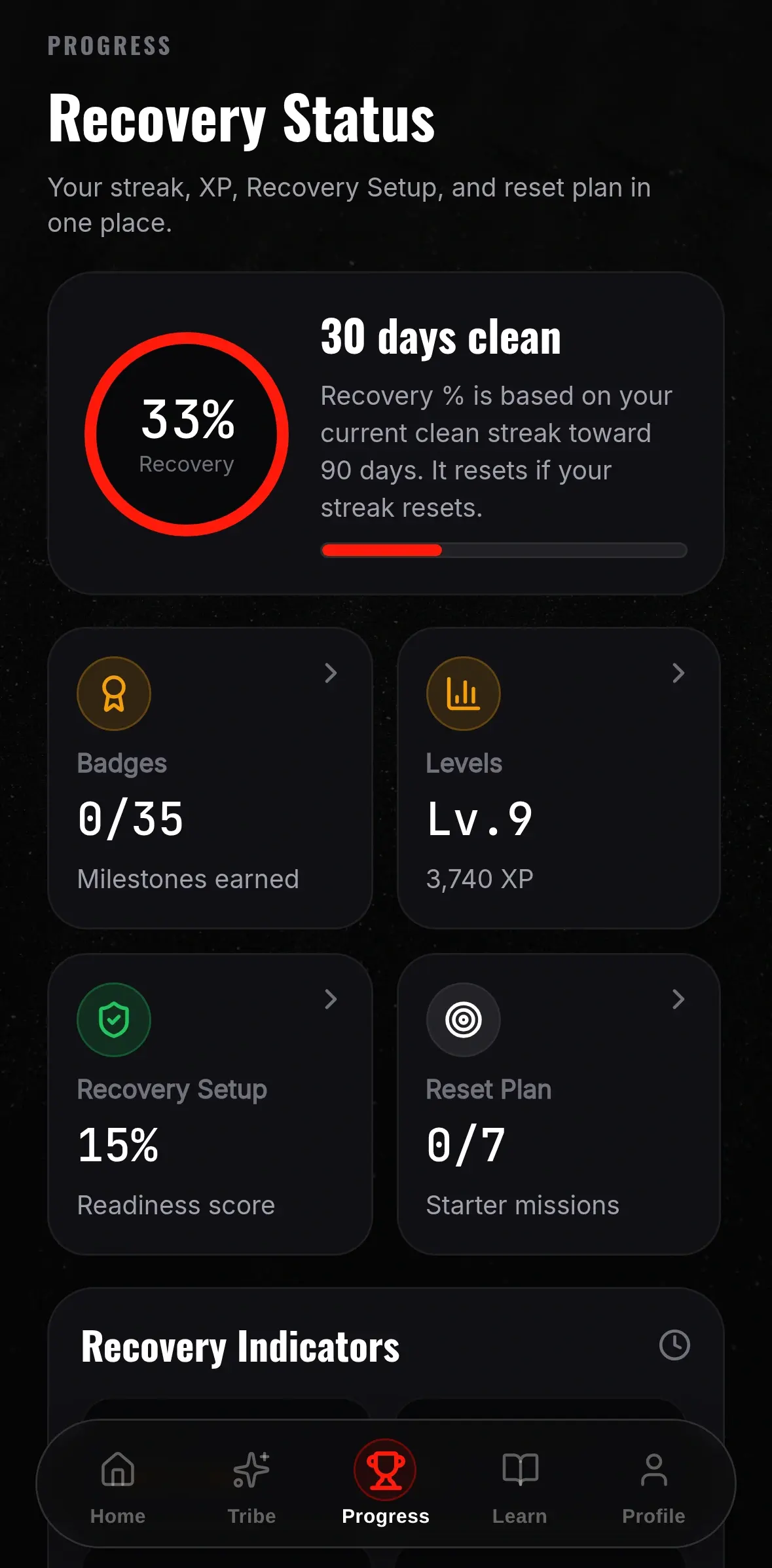 SEVER Recovery Status: 30 days clean, level 9, badges and Reset Plan progress